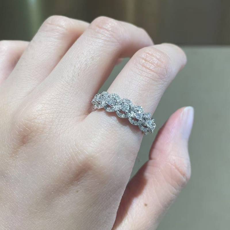 圆包半圈碎钻排戒S925银镀白金Women's Ring定制选款副石Moissanite0.83ct
